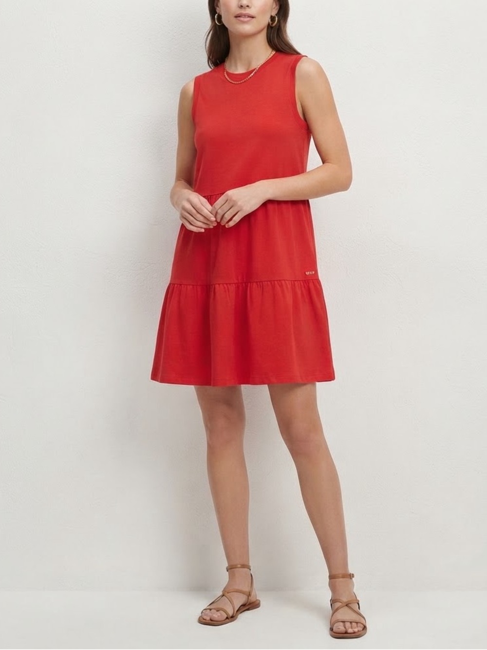 DKNY Red Sleeveless Tiered Babydoll Mini Dress Size Small S Crew Neck Knit❤️